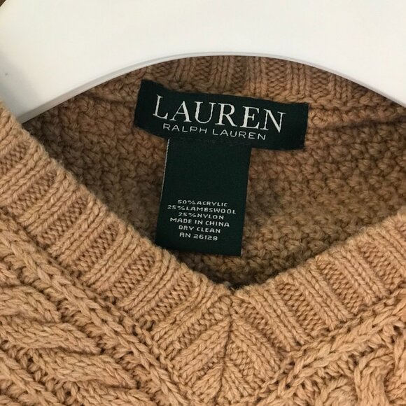 Lauren Ralph Lauren poncho brown women's S/M cable knit fringe lambswool boho - Picture 3 of 6